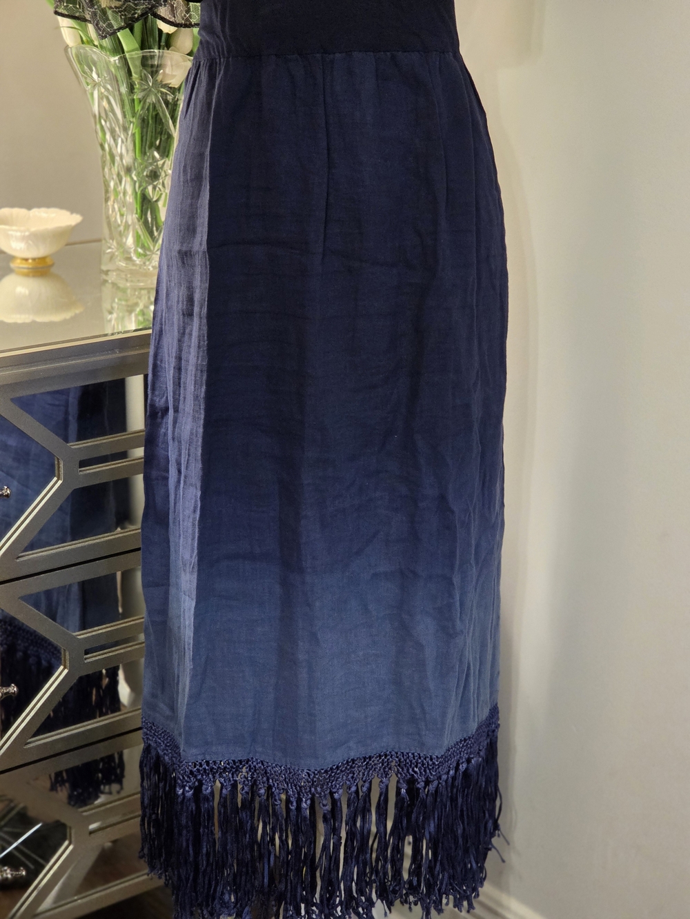 Chico's Navy Fringe Hem Maxi Skirt